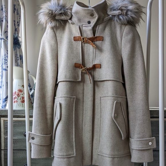 Zara Wool Blend Coat with Faux Fur Hood, Size Small - Picture 2 of 16